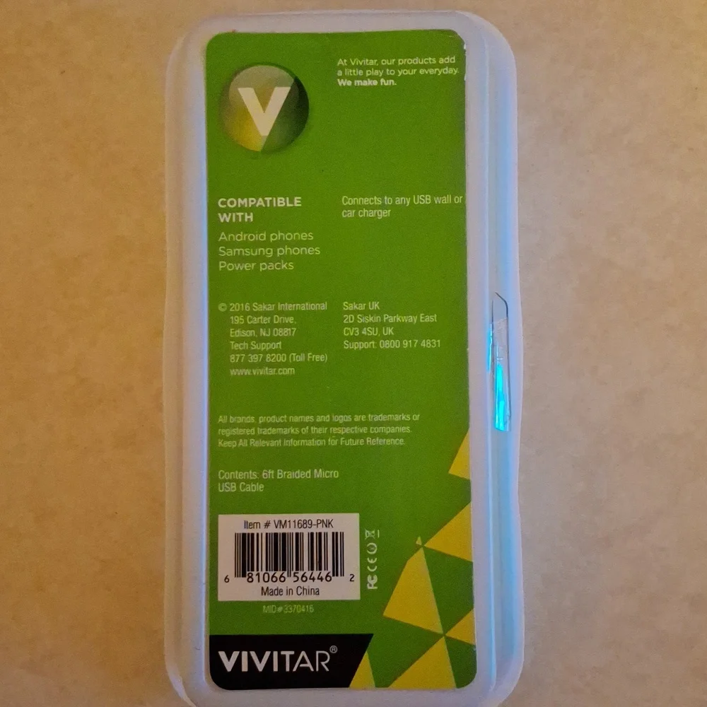 NIB Vivitar pink micro USB cable